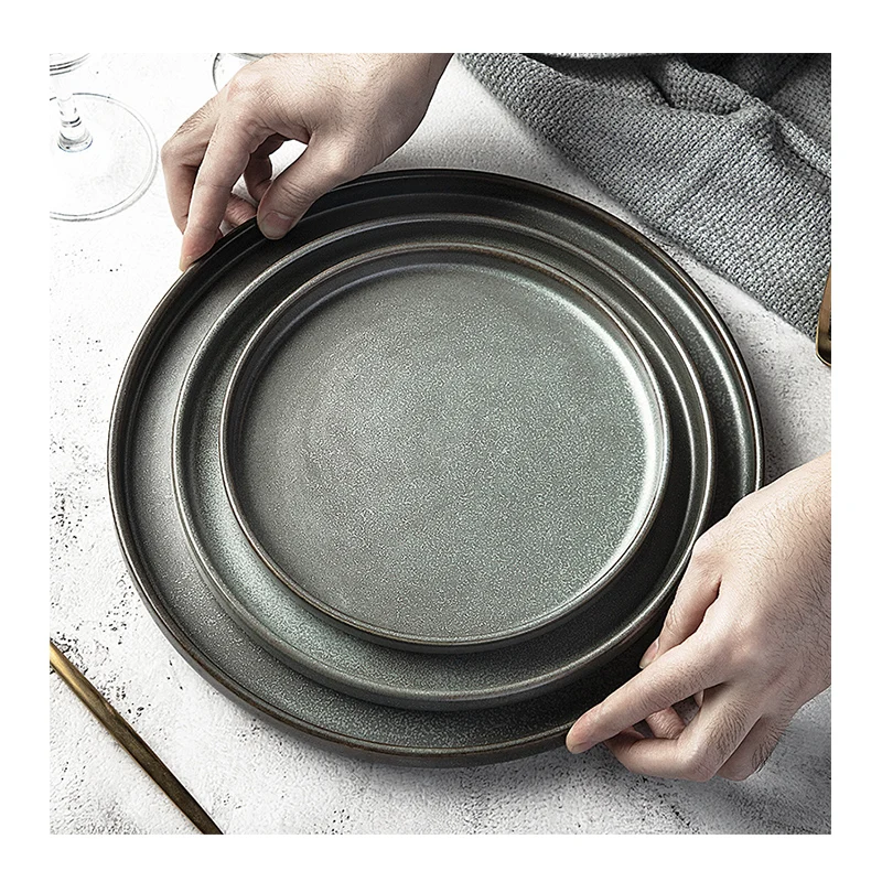 Horeca Stoneware Glazing Porcelain Dinnerware Sets Restaurant Rustic Ceramic Shallow Dinner Plate Flat Dishes