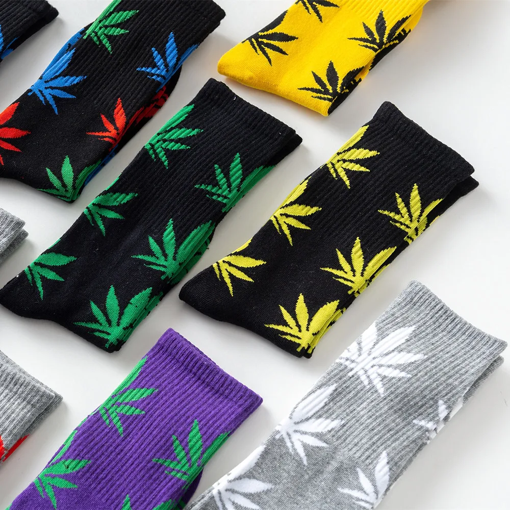 Colorful Tube Sports Socks Threaded Maple Leaf Socks Long Mid Crew Leaf Hemp Weed Socks