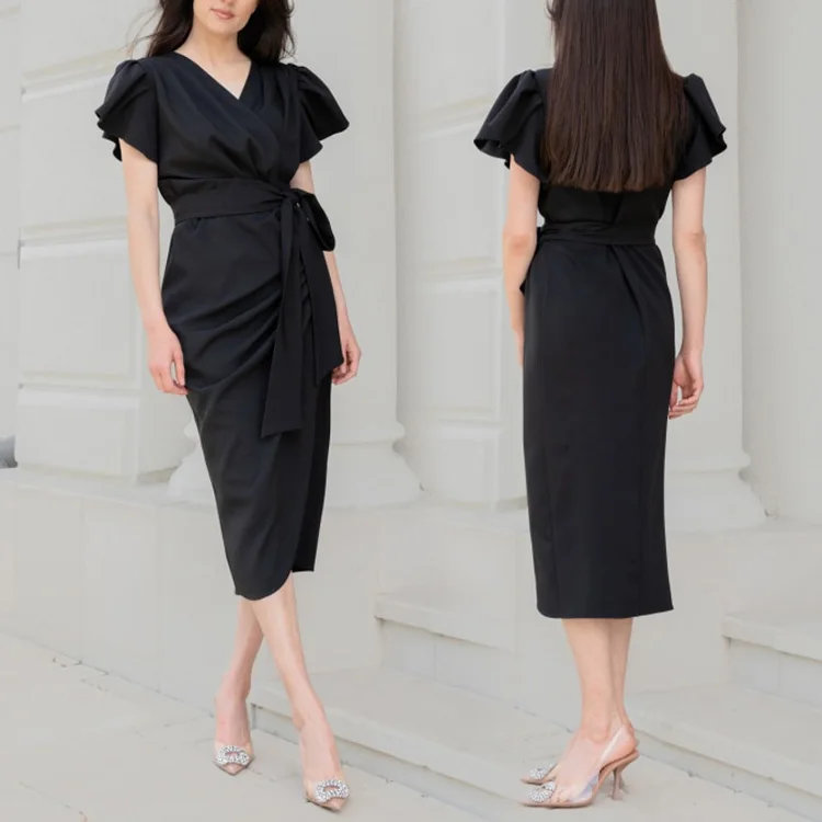 High Quality Manufacturer Bohoo Ladies Modern Casual Dress Flying Sleeve V-neck String Lace-up Long Wrap Dresses