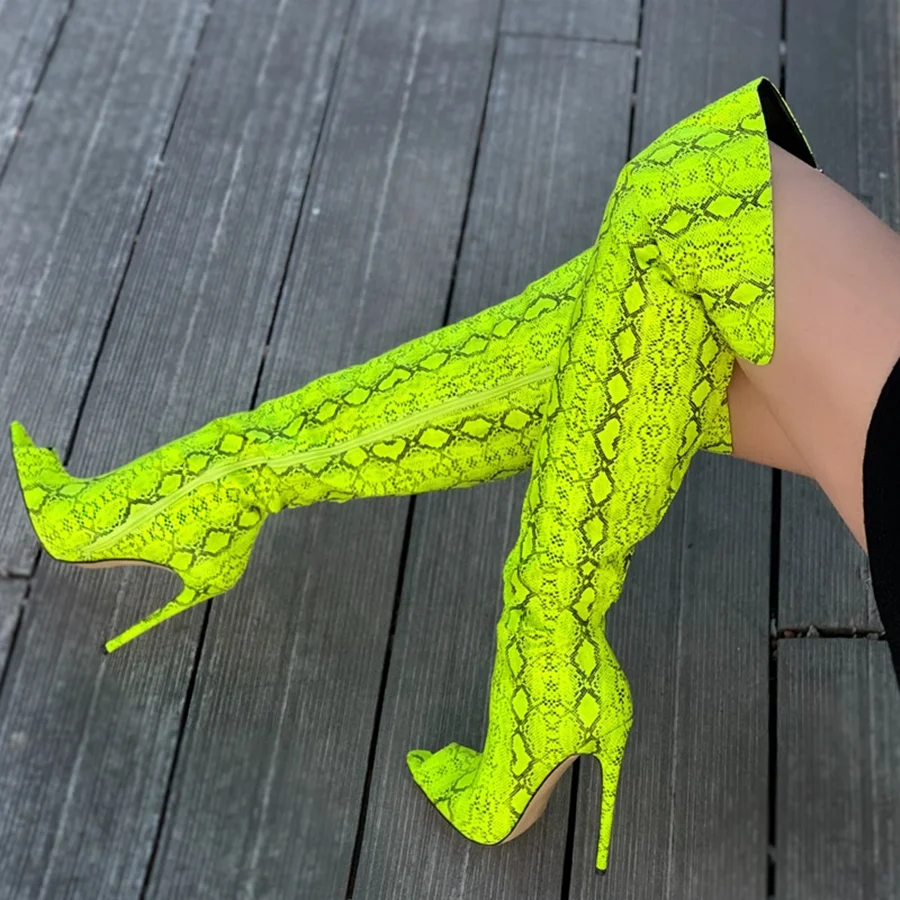 Reflective  Peep Toe Snake Print Back Zip Long Thigh High Boots for Women Over The Knee Customized 45 Big Size Boots Florescent