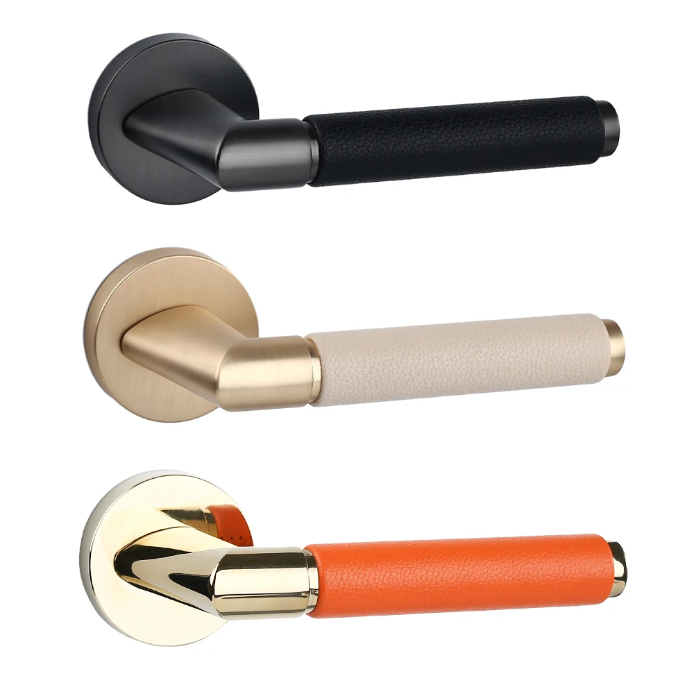 Filta Zinc Leather Wooden Door Lock and Handle Set Euro Profile Cylinder Plate