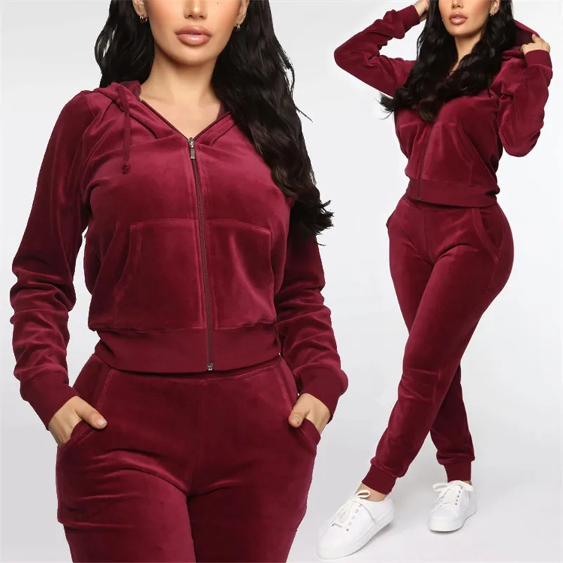 New Long Sleeve Active Jogger Suit Training Sweatsuit Women Fitted Velour Hooded velvet Tracksuit