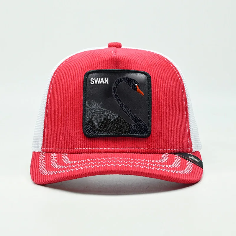 Custom High Quality 5 Panel Farm Corduroy Trucker Hat Animal Embroidery Patch Adjustable Snap Back Mesh Cap Corduroy Hat Gorras