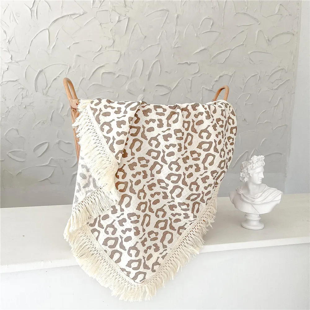 Boho Rainbow Star Moon Muslin Baby Blanket Wrap Gauze Quilt Leopard Floral Tassel Fringe Baby Muslin Cotton Swaddle Blanket