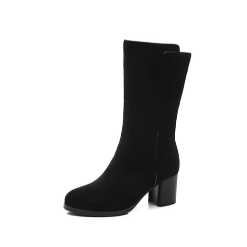 High Quality Kid Suede Round Toe Women Low Chunky Heel Black Zipper Winter Boots  for women with Plush lining