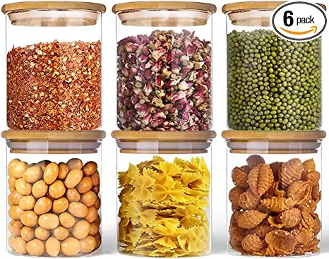 Set of 6 Kitchen Canisters For Sugar Rice and Spice Jar  Containers with Bamboo Wooden Lids  Glass Jars for Food Storage
