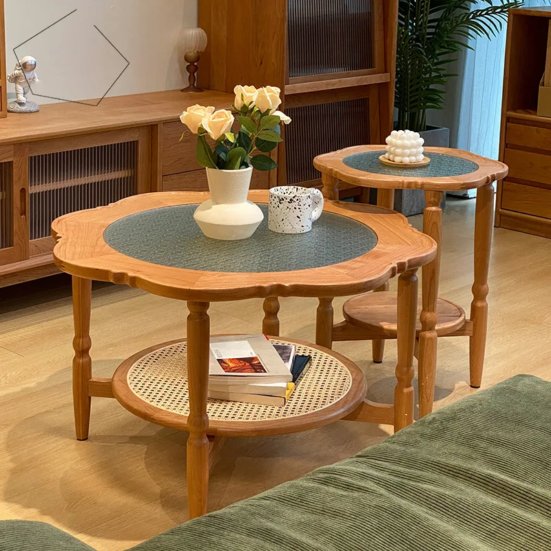 Dreamhause Solid Wood Flower Shape Creative Coffee Table Homestay Apartment Round High Low Tea Table Set Living Room Table Set