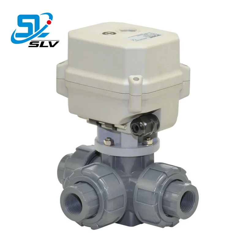 Custom Electric 3 way upvc/pp ball valve flanged end t port 3 way pvc electric operated ball valve