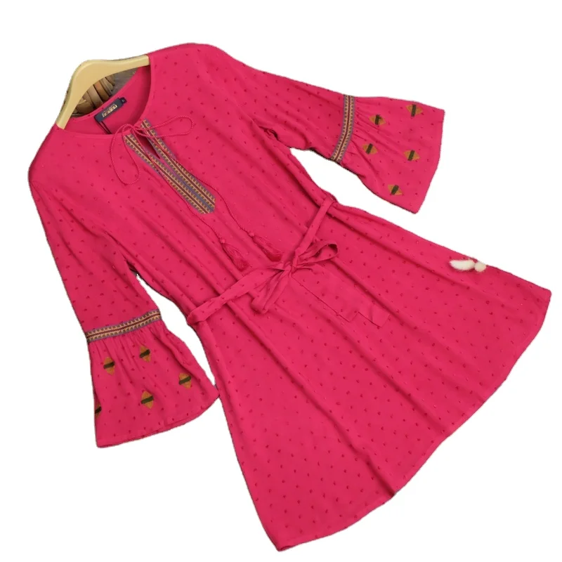 Wholesale Vintage Embroider Flare Sleeve Cotton O-neck Belted Midi Dress For Women