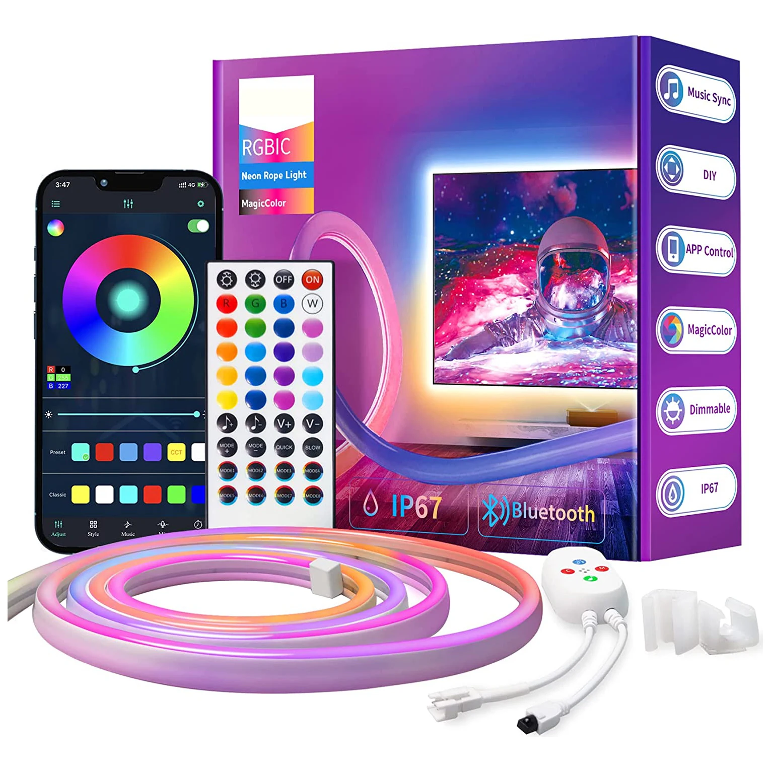 Weicao RGBIC 5050 Neon Light Strips DC12V Smart Music Sync APP Control 40 Key Remote IP67 LED Rope Strip Tube Lights