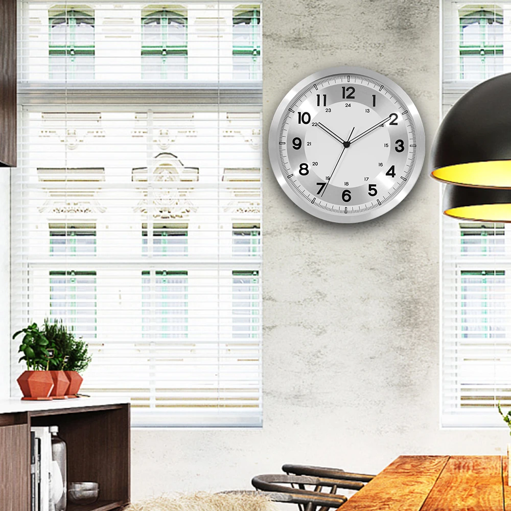 Factory price Aluminum case  non-ticking movement round metal wall clock