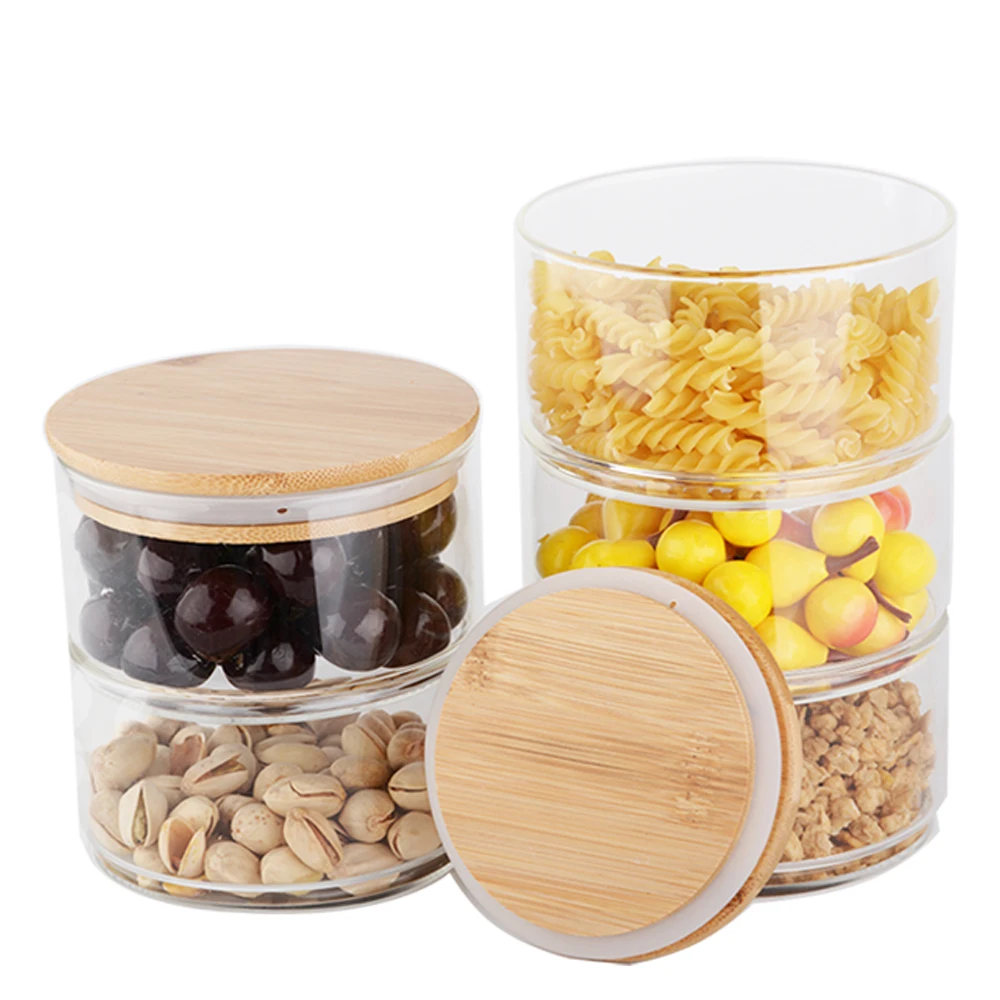 Modern design clear stackable glass jars with bamboo lid
