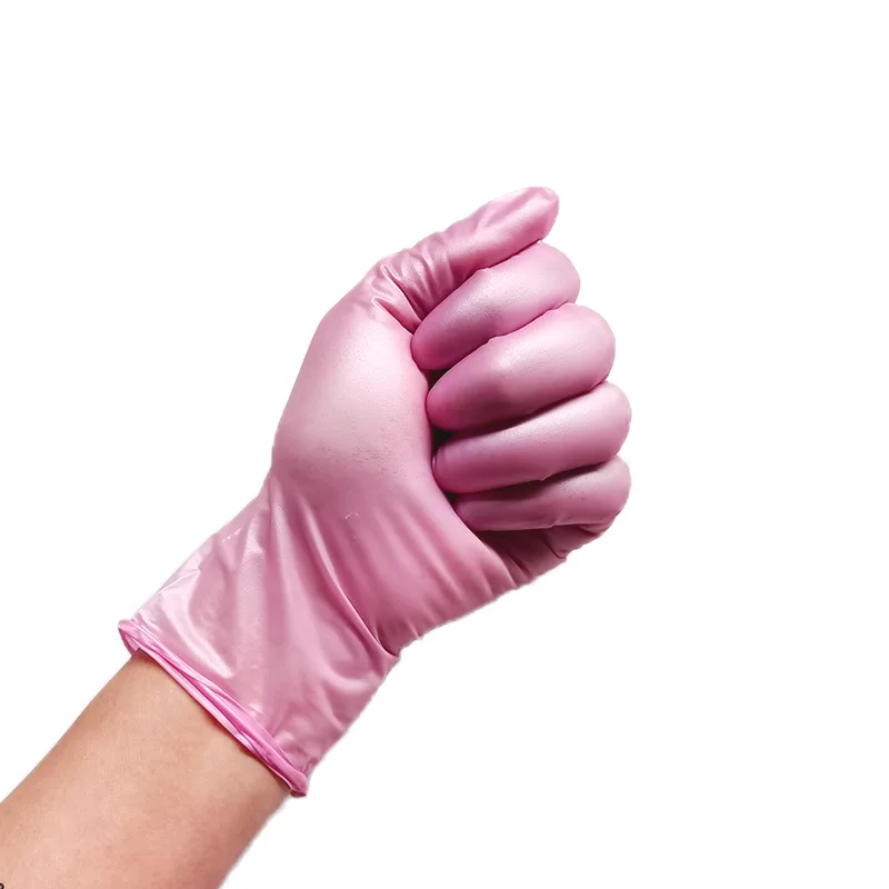 Best seller powder free pearl light pink disposable nitrile gloves beauty salon oil resistant wear pearl pink nitrile gloves