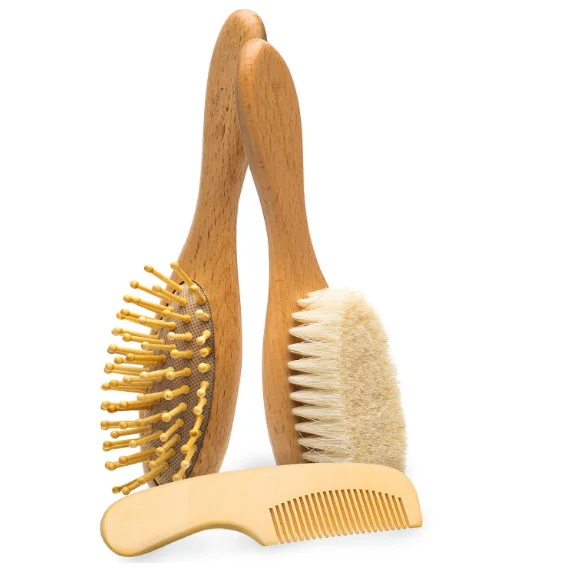 Natural Wooden Hair brush with Soft Goat Bristles Baby Hair Brush and Comb Set for Newborn