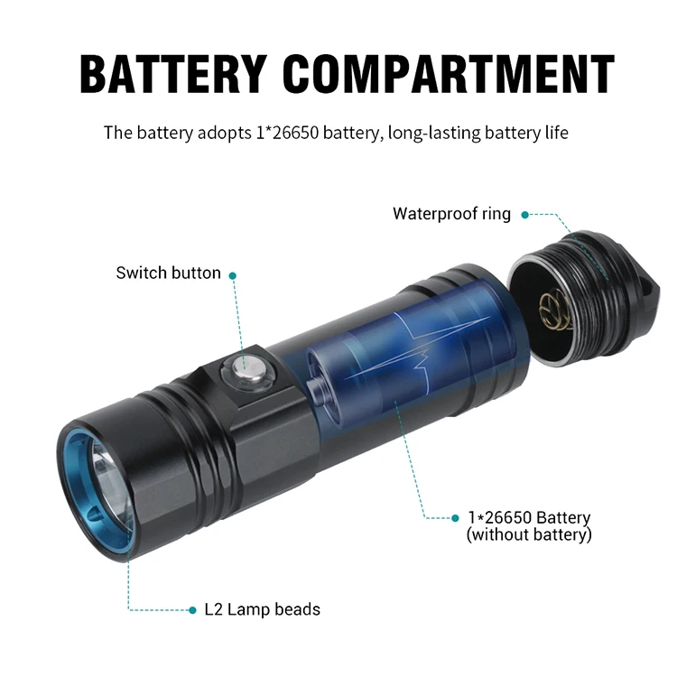 BORUiT IPX8 Waterproof 26650 Rechargeable battery  L2 Scuba Diving Light Underwater 50M Diving Led Flashlight Torch