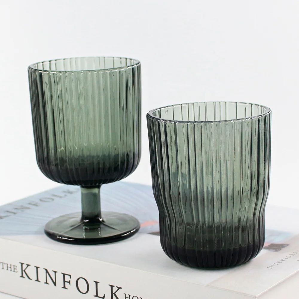 LANGXU Gift Crystal Wine Glass Vintage Goblet Ribbed Stemless Personalized Charm Wine Glass Cup Black Wine Glasses