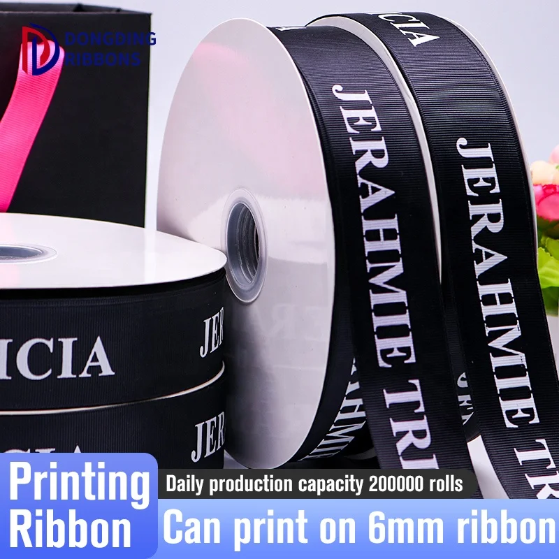 Factory Direct Wholesale  4cm width Satin Ribbon with white Logo for Flower Gift Package Decoration