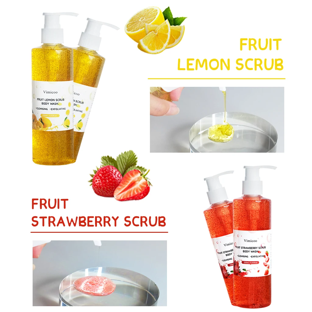 OEM ODM Fruit Flavor Body Care Bath Shower Gel Exfoliating Perfumed Refresh Strawberry Lemon Kiwi Cherry Scrub Body Wash Gel
