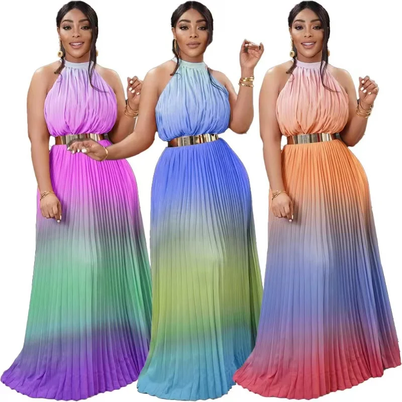 J&H 2022 new arrivals summer rainbow maxi sundresses ladies sexy sleeveless pleated long dress fashionable halter beach dresses