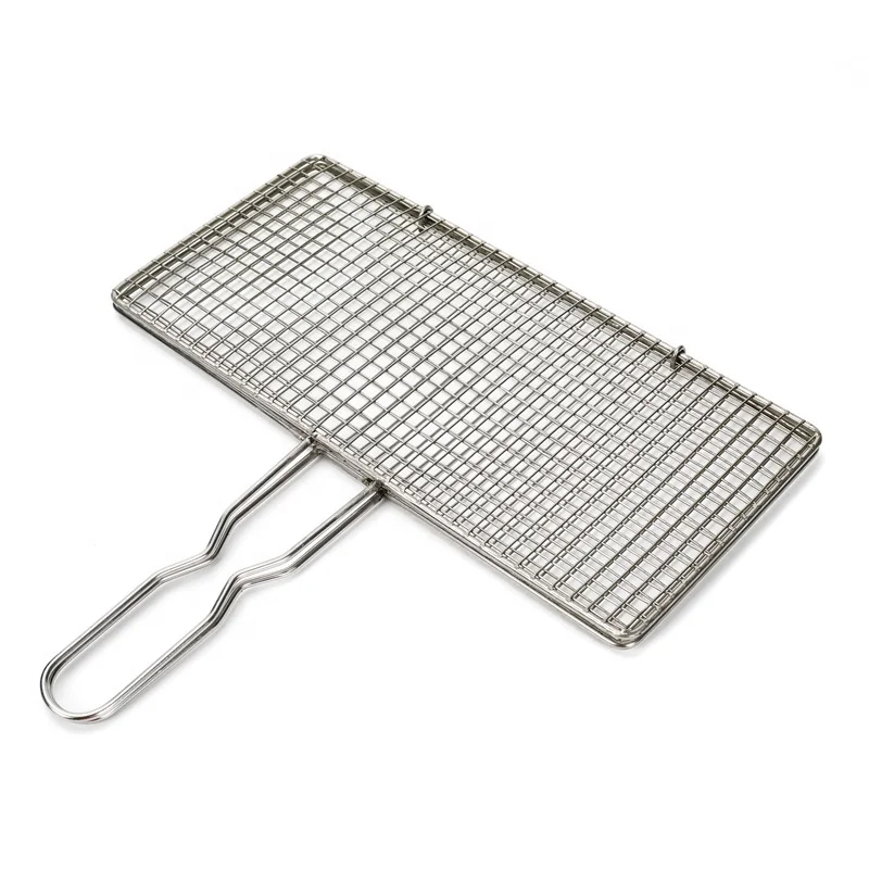 Stainless steel BBQ barbecue grills Mesh with wooden handle charcoal BBQ Accessories for outdoor grill