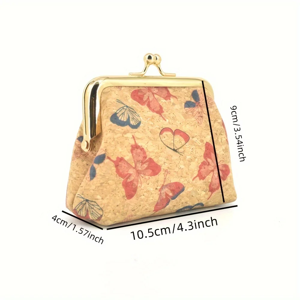 Mini Retro Butterfly Pattern Cork Purse, Classic Kis-Lock Cork Wallet For Women, Elegant Cork Clutch Bag