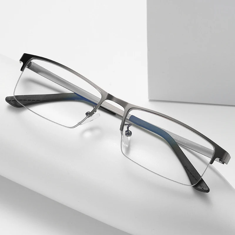 small rectangle black silver alloy half-rimless optical prescription monturas de gafas 2024 men computer glasses anti blue light