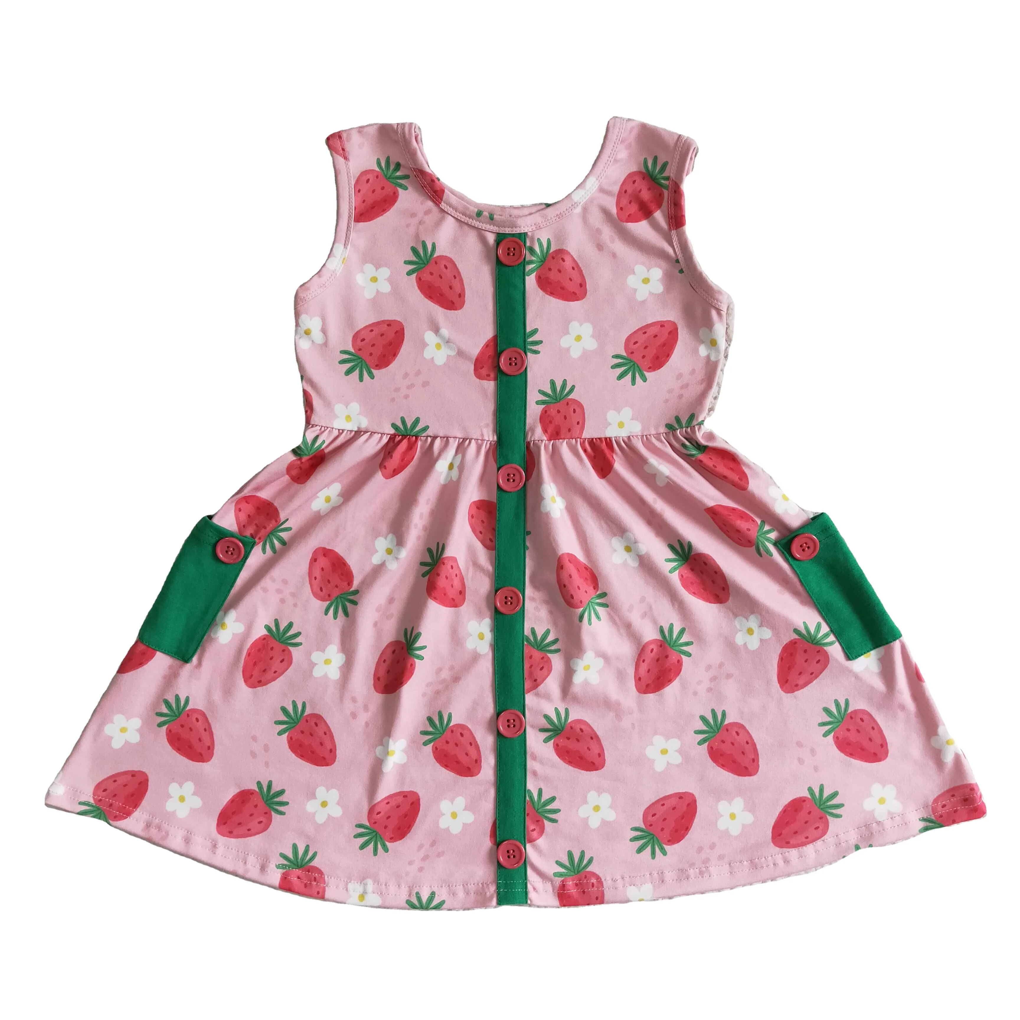 Girl short sleeveless pink strawberry button with pocket dress boutique wholesale