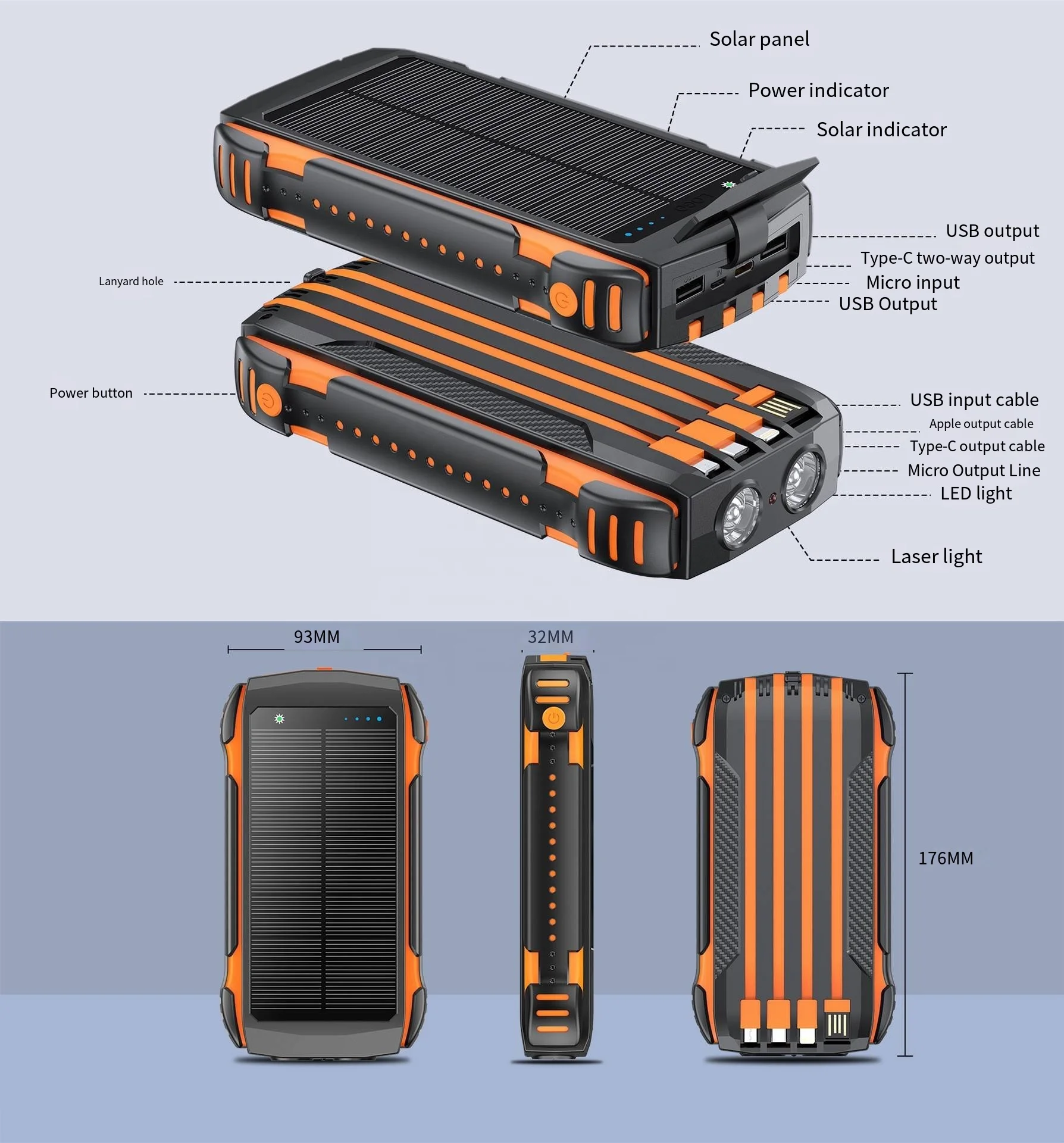 Portable charger Solar Power Bank Built Cables 20000mAh Solar Charger  External Charger Power bank With LED Light for smart phon