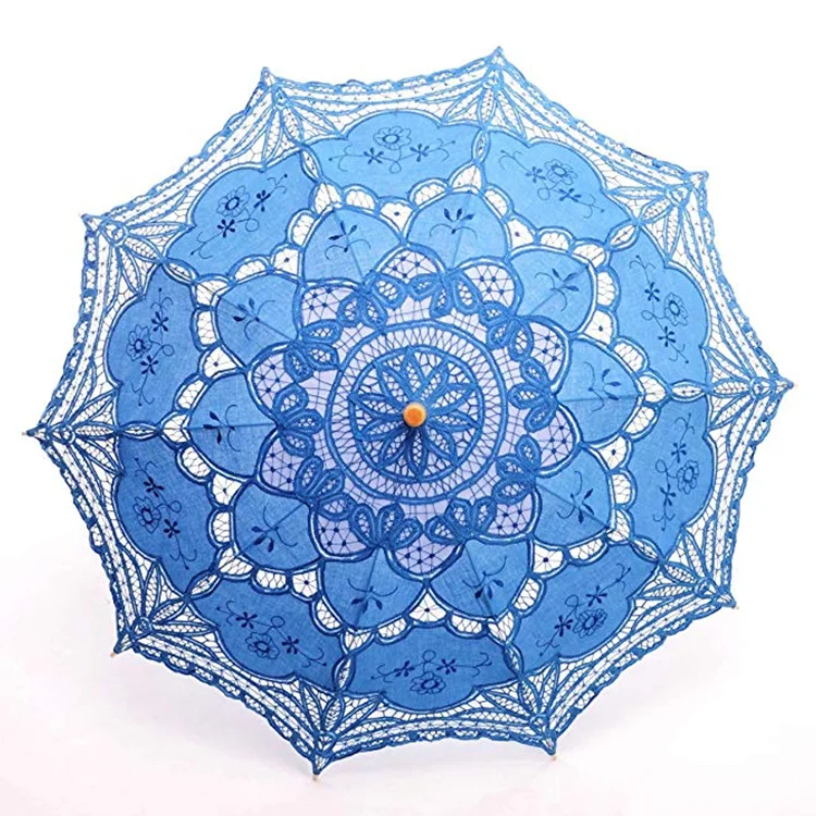 Bride Cotton Fashion Bamboo Handle Decoration Blue Lace Umbrella Parasol