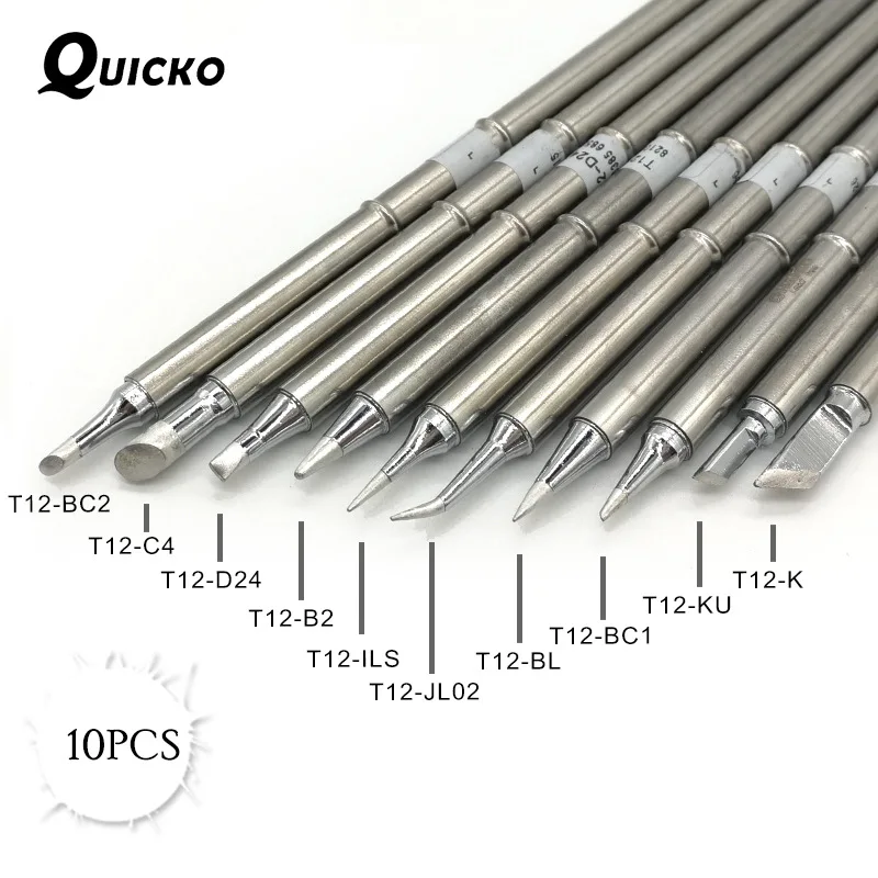 Quicko Original 10Pcs/SET T12-10 B2 D24 C4 ILS JL02 KU K BC2 BL BC1 Iron Tips Series Soldering Rework Station T12-942