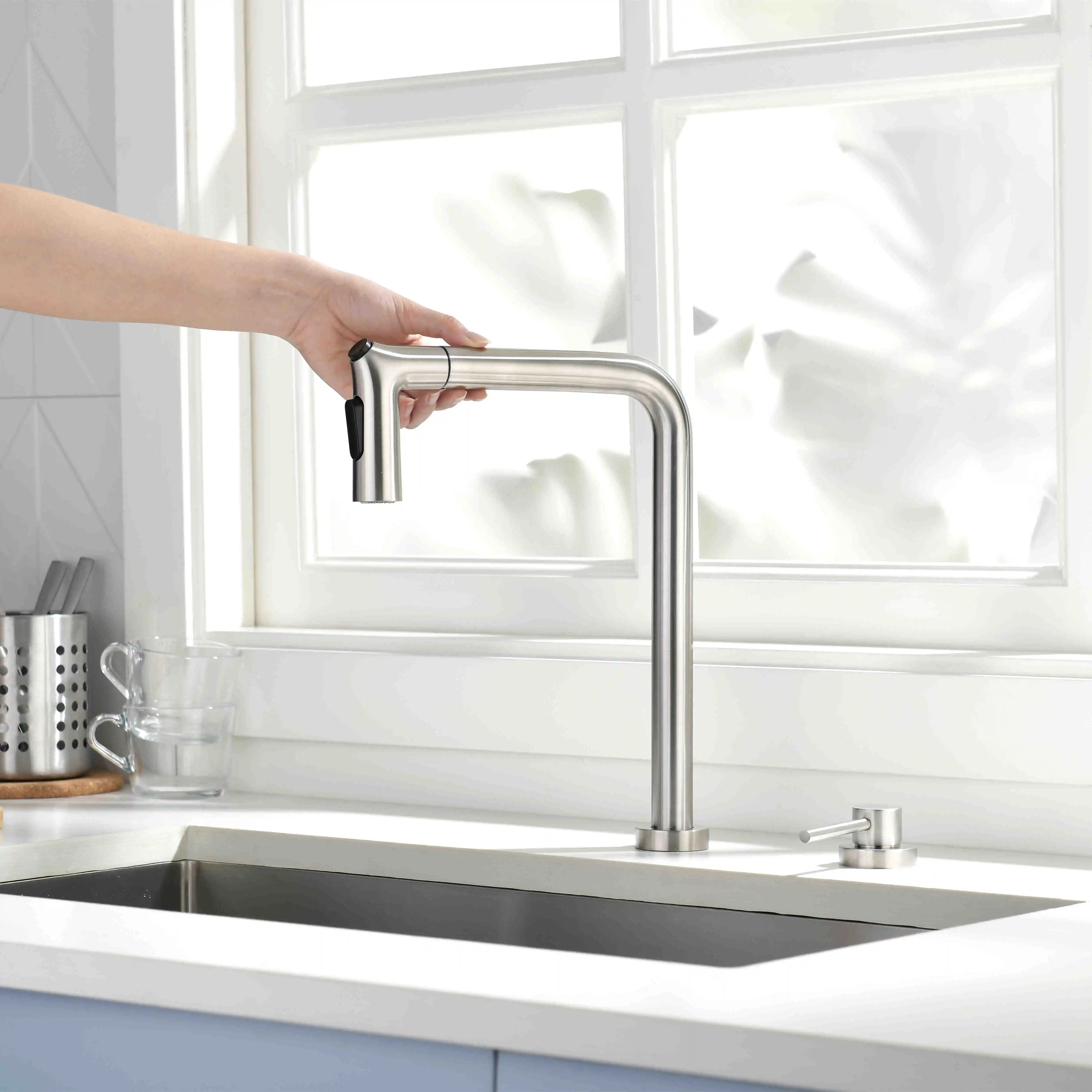 Hot Sale Stainless Steel 2 Holes Sink Long Neck Taps Commercial Nickel 360 Degree Swivel Spout Pull Out Kitchen Sink Faucet