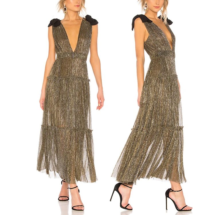 Manufacture Wholesale Custom Best Price Bow Tie Shoulder Lurex Fabric Threading Dresses Women Ladies