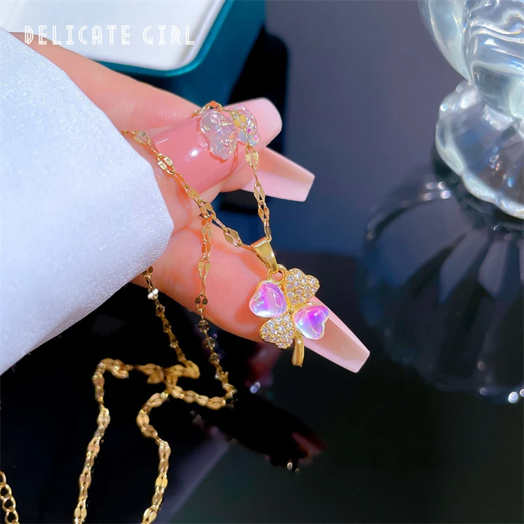 Lucky Single Product Aurora Clover Temperament Micro-Diamond Necklace Female Exquisite Style Ins Net Red Clavicle Chain
