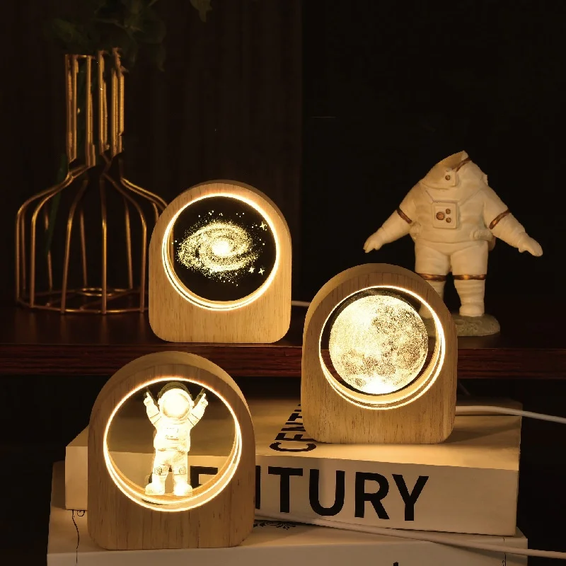 3d Luminous Crystal Ball Solar System crystal ball 3D Galaxy Engraved Laser Crystal Ball with LED Lighting wood Base