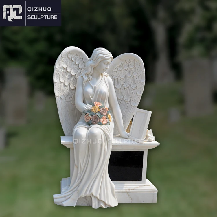 Hand Carved Cemetery Natural Stone Tombstone and Headstone Weeping Angel Marble Bench
