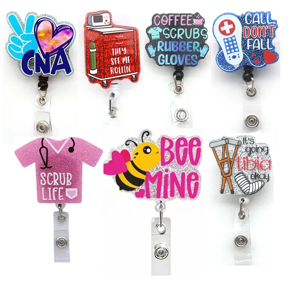 RTS Mix Acrylic Glitter Badge Holder Pill CNA Coffee Scrubs Medical Nurse Badge Reel Office Gift Uniform Accessories