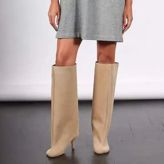 Solid Color Autumn and Winter New Boots Fashionable Versatile High-heeled Knee High Western Cowboy