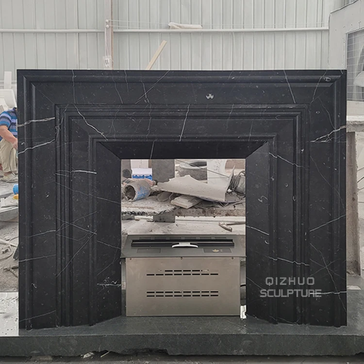 Simple Design Modern Hand Carved Natural Stone Marquina Black Marble Fireplace Surround