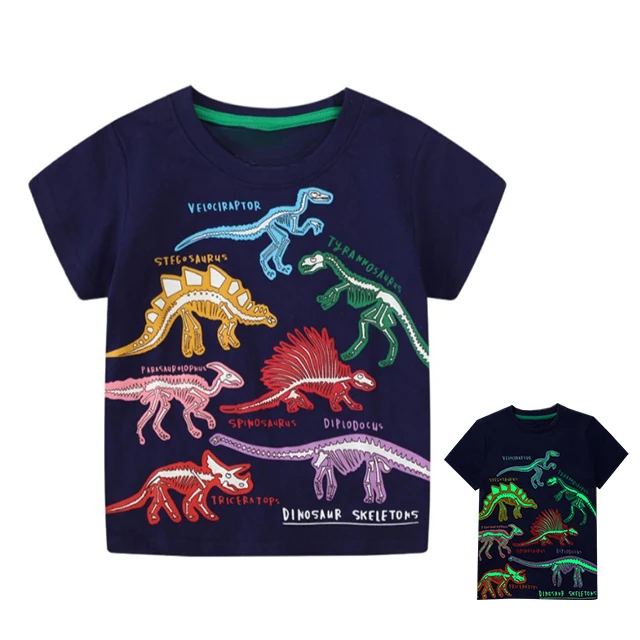 New design wholesale promotional children kids apparel fashion tops dinosaur luminous printing cotton boys t-shirts