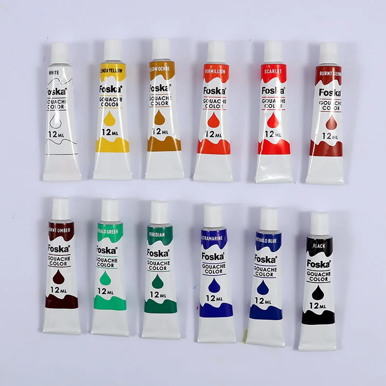 Foska Rich Quality and Opaque Coverage 12 Vibrant Colors Gouache Paint Sets for Artists with 0.4oz 12ml Tube Package
