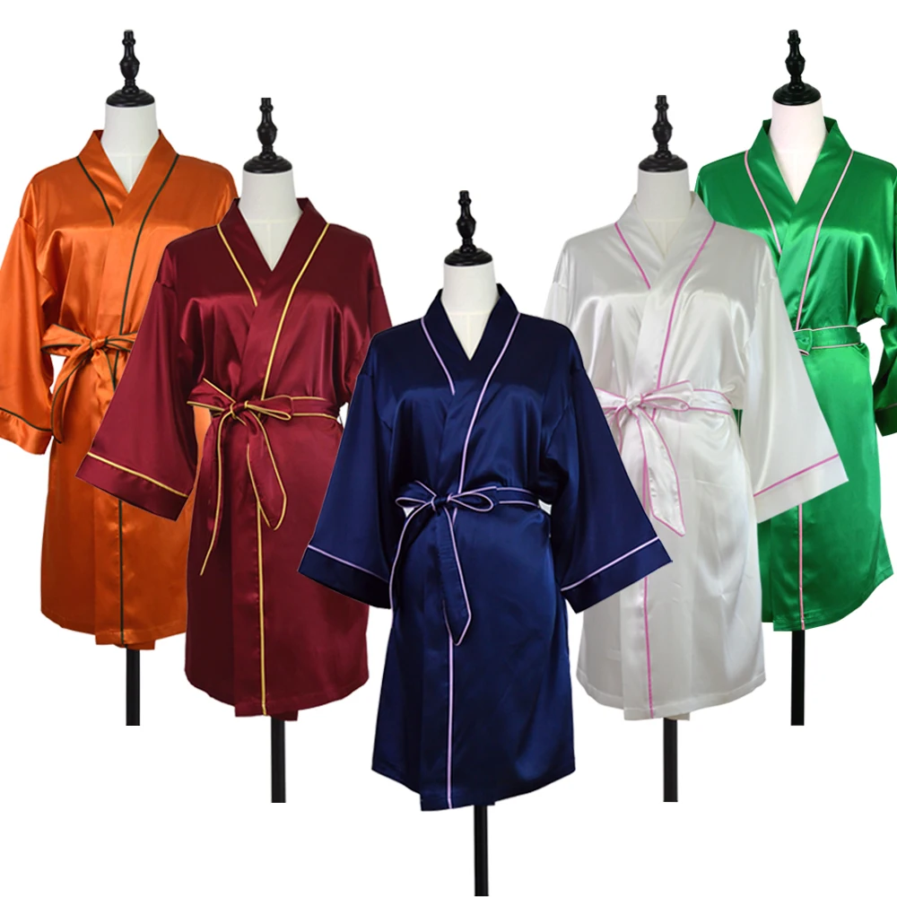 Wholesale Luxury Stock Ready to ship Woman Satin Silk Robes Wedding Morning Gown Silk Adult Spa Robe with Piping