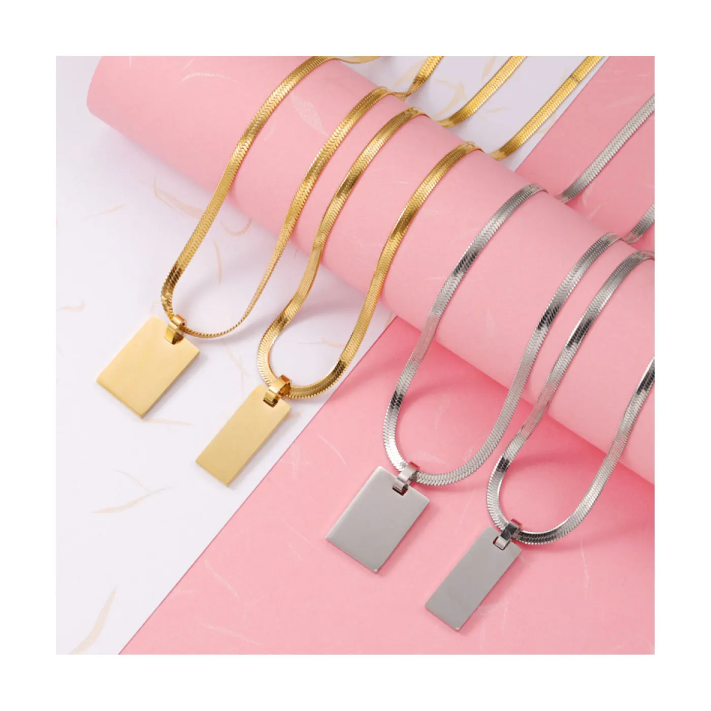 Fashion Jewelry Laser Engrave Logo Blank Pendant Necklace Stainless Steel Jewelry Rectangular Snake Chain Necklace