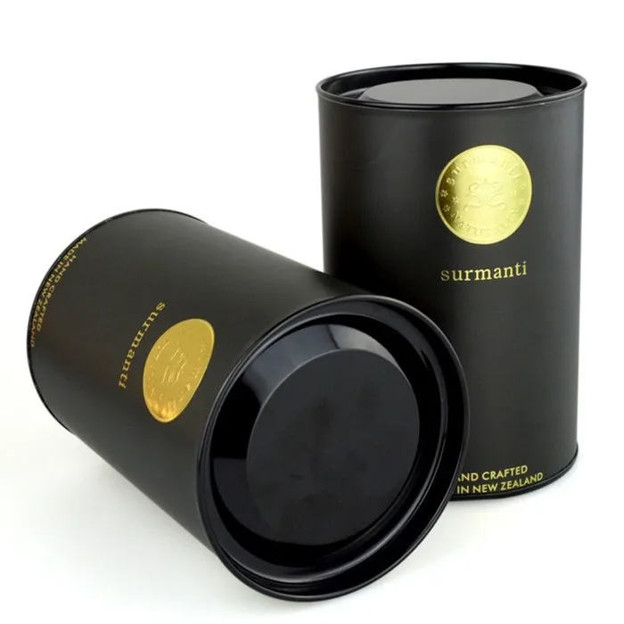 matte black paper tube packaging food grade red tea packaging paper container with metal lid and metal base