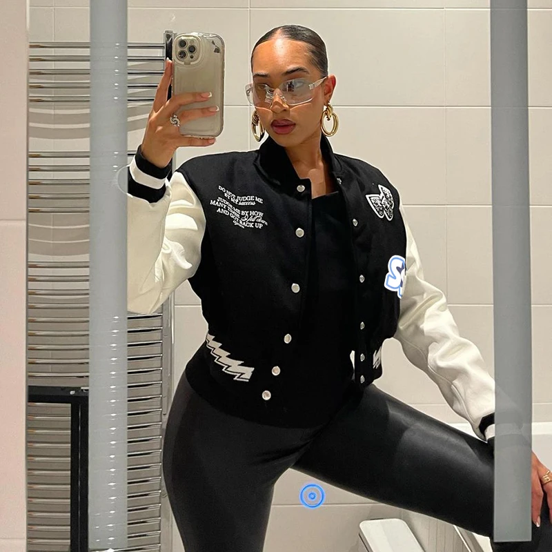 Fashion casual loose letter print baseball jacket women short coat varsity jackets