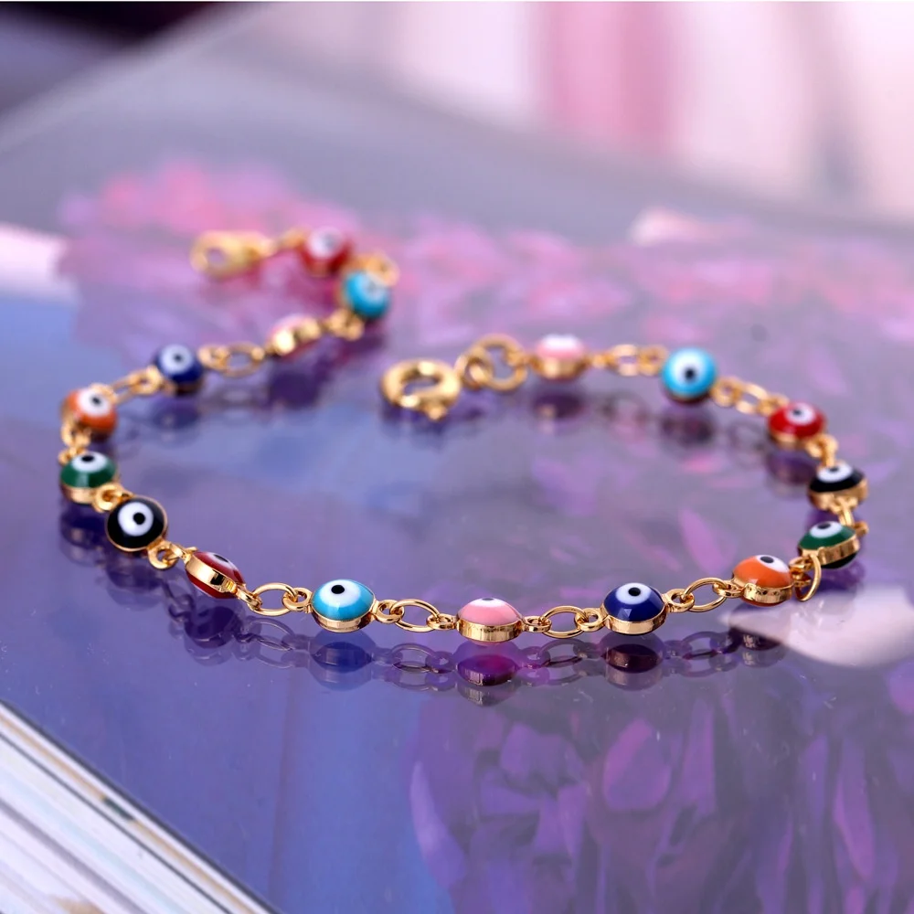 Gold Plated Lucky Mini Bracelet Turkish Murano Colorful and Blue Evil Eye Bracelet Stainless steel Wholesale for Women