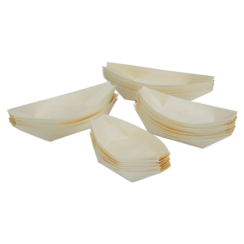 High quality factory customization eco friendly Wooden Salad Plate cake fruit sushi bread Disposable wooden boat tray