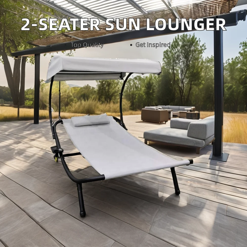 Modern 2-Seater Outdoor Garden Lounge Bed with Sun Shade Wheels Pillows Durable Metal Wood Design for Patio for Hotels Parks