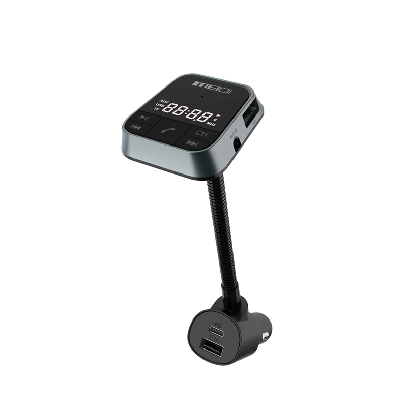 New Design Dual USB Ports Type-C Fast Car Charging Flexible Goose Neck Wireless Car Bluetooth FM Transmitter Handsfree