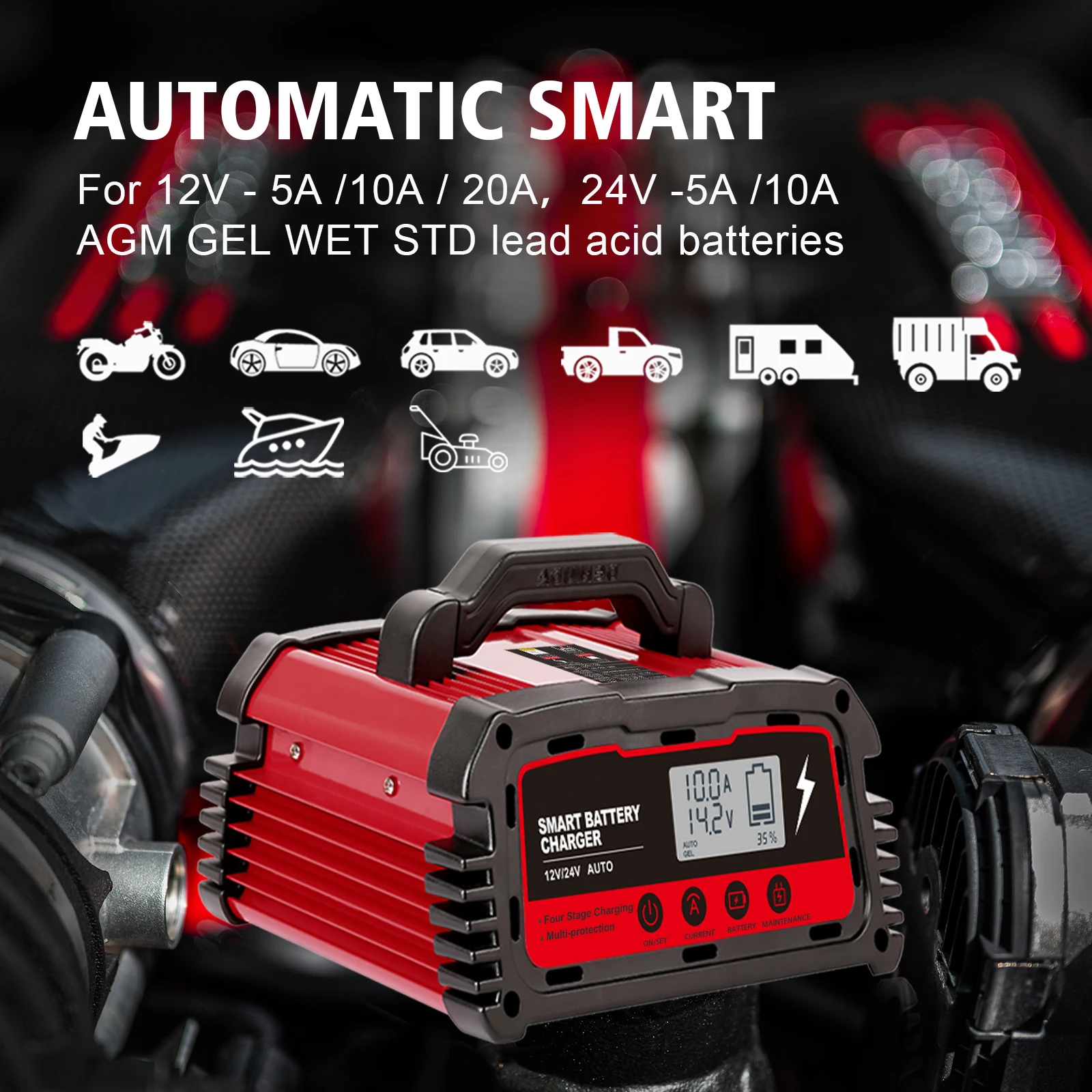 Fully Automatic Car Battery Charger 12/24V 8A Touch Screen Pulse Repair LCD Fast Power Charging Wet Dry Lead Acid Battery