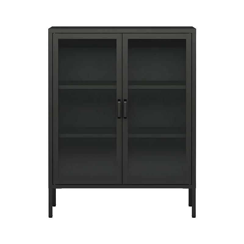 Wholesale office furniture steel storage cabinet with 2 glass doors cupboard low height metal filing cabinet with high feet